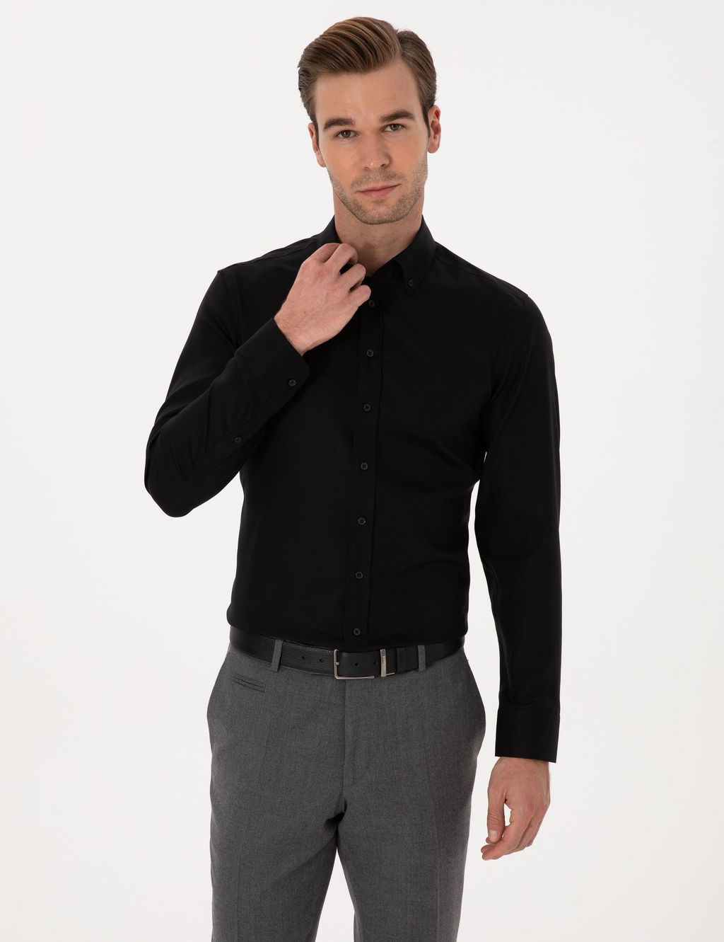 Siyah Slim Fit %100 Pamuk Yakas_ D__meli Oxford G_mlek