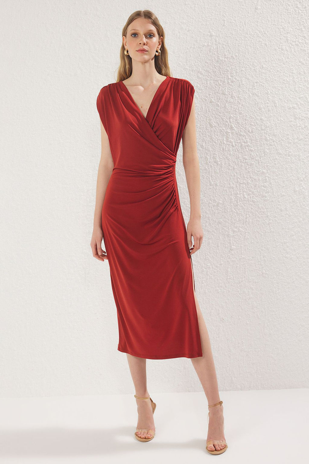 TRENDYOLMILLA Haki Duz Buzgu / Drape Midi Buzgu Drape Detayl? Kruvaze Yaka Orme Elbise TWOSS25EL00098  фото 8