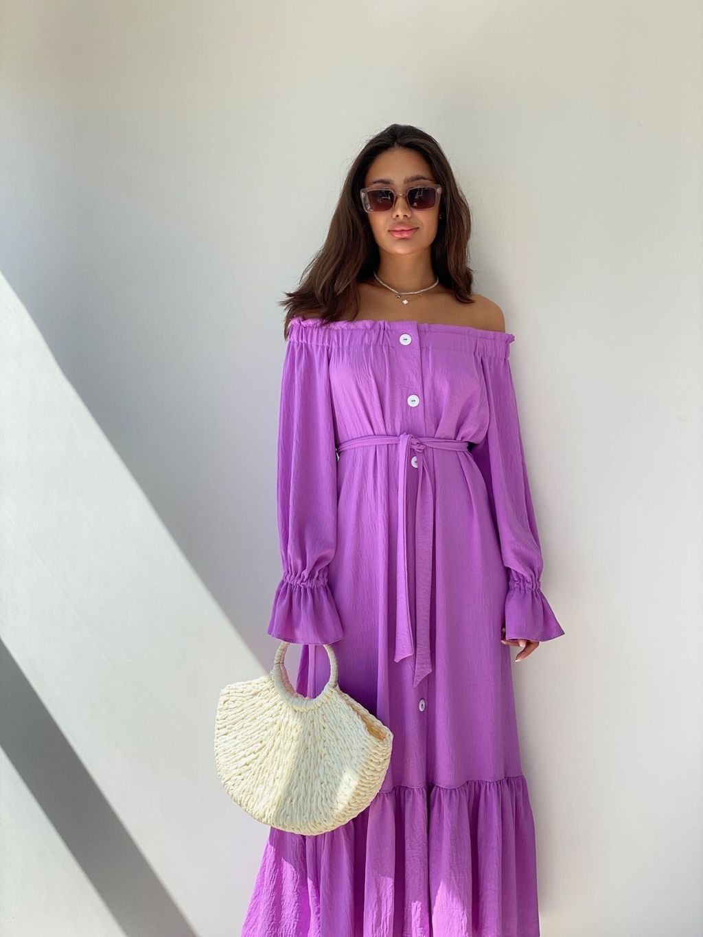 Длинное платье с открытыми плечами сиреневое - Martichelli фото 10