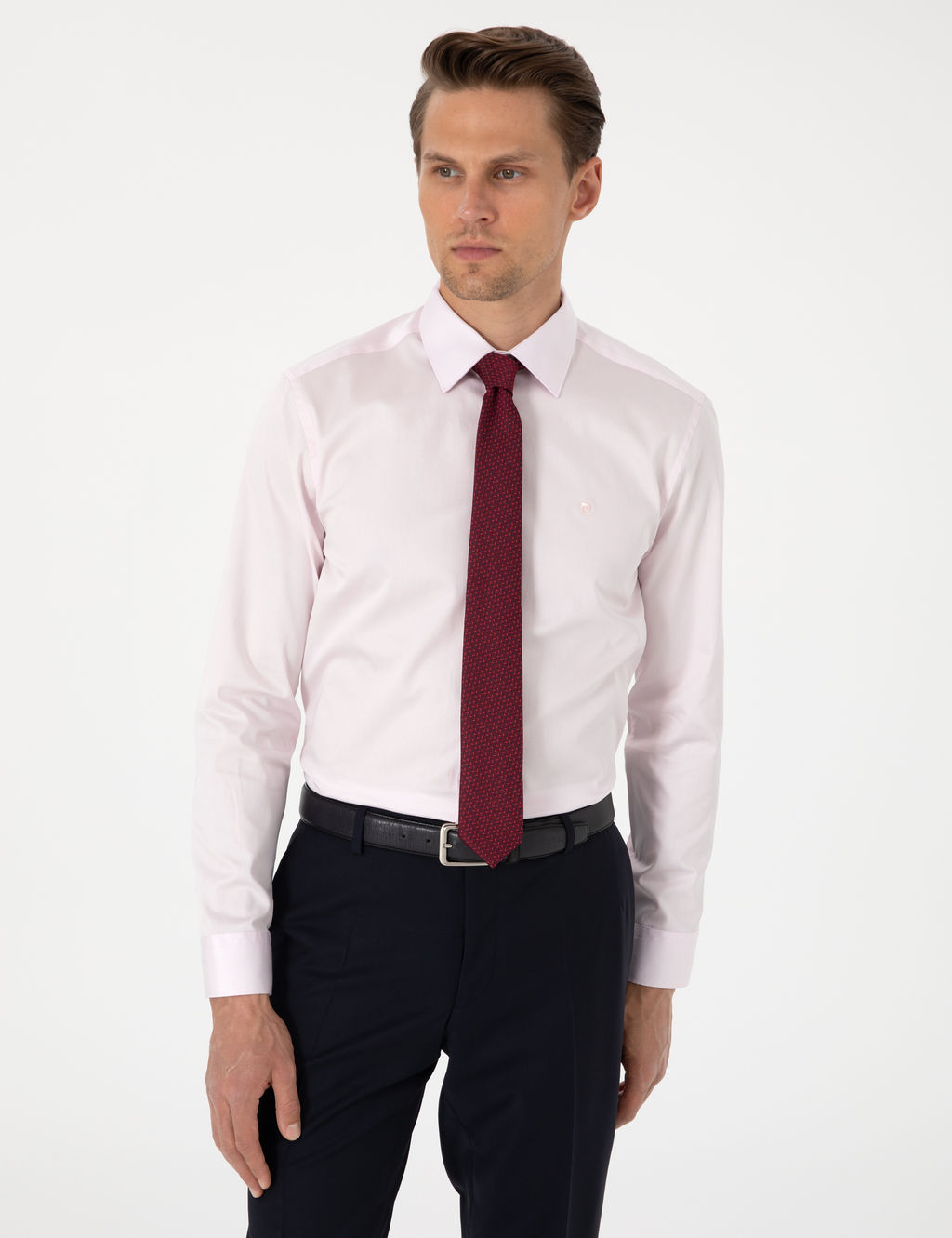 A__k Pembe %100 Pamuk Parlak Saten Slim Fit Uzun Kollu Basic G_mlek
