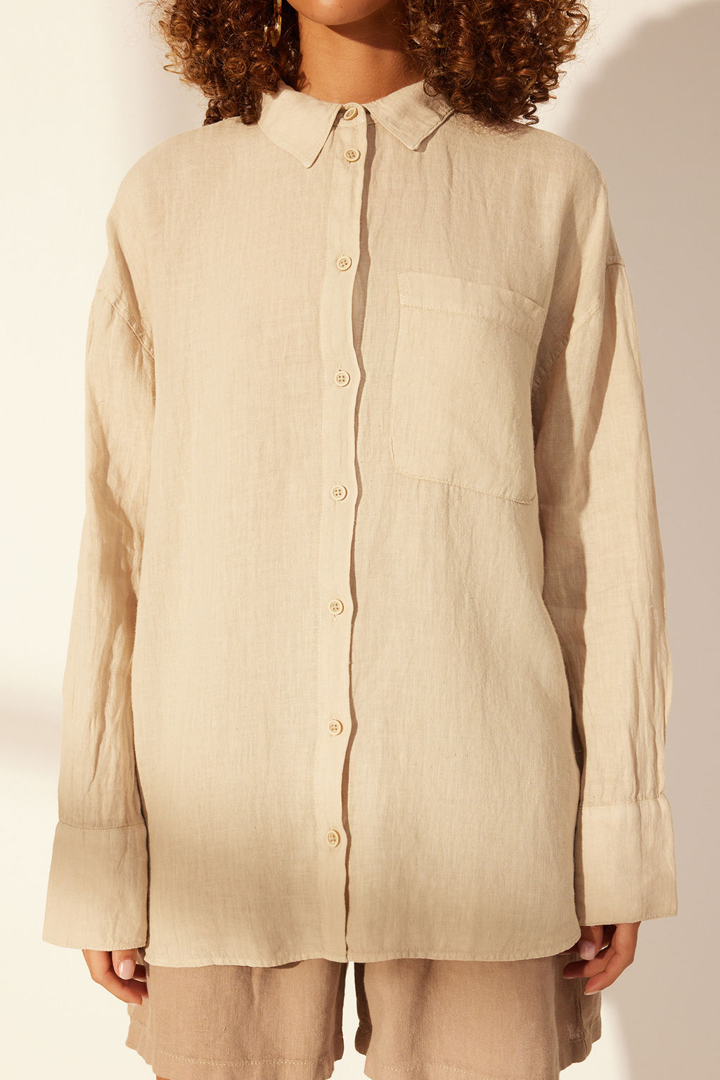 Bej %100 Keten Oversize Gomlek TWOSS23GO00443