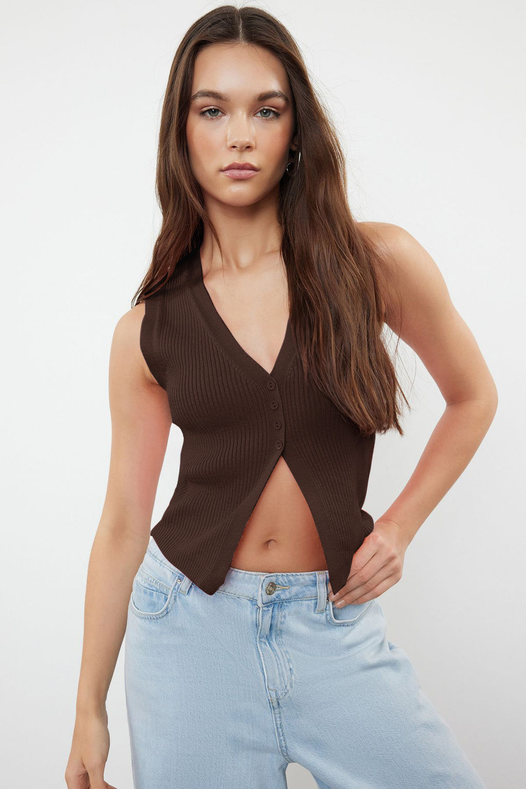 TRENDYOLMILLA Kahverengi Crop Premium/ Ozel Iplik Yelek TWOSS24BZ00258  фото 2
