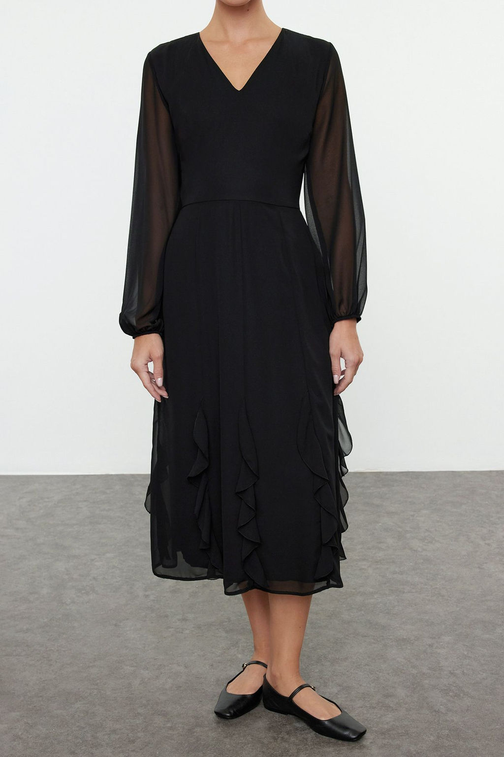 Trendyolmilla Siyah F?rf?rl? Sifon Midi Dokuma Elbise TWOAW25EL00383  фото 3