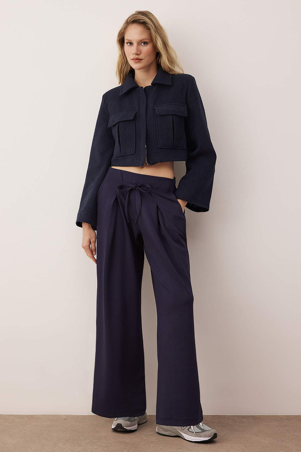 Lacivert Wide Leg umusak Kumasl? Pilili Esnek Orme Pantolon TWOAW26PL00138