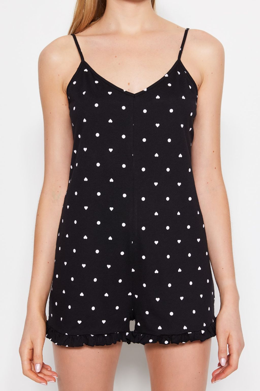 Siyah %100 Pamuklu Puantiye ve Kalpli F?rf?rl? Ip Ask?l? Orme Tulum THMSS23TU00003 - Trendyolmilla фото 4