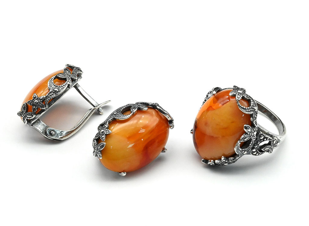 Кольцо Серьги с янтарем имитация размер 18