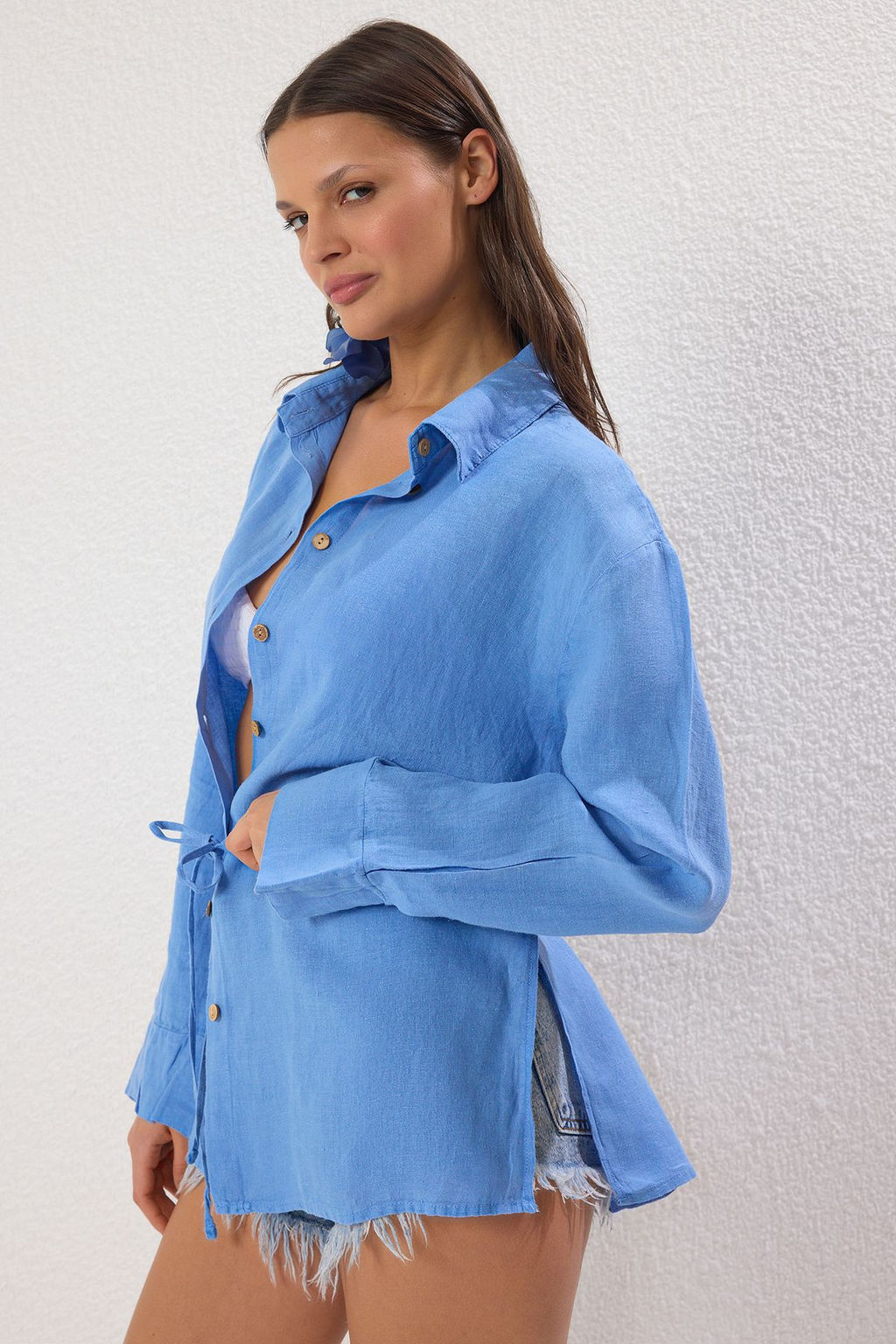 TRENDYOLMILLA Mercan Dokuma %100 Keten Baglamal? Plaj Gomlek TBESS25GO00015  фото 16