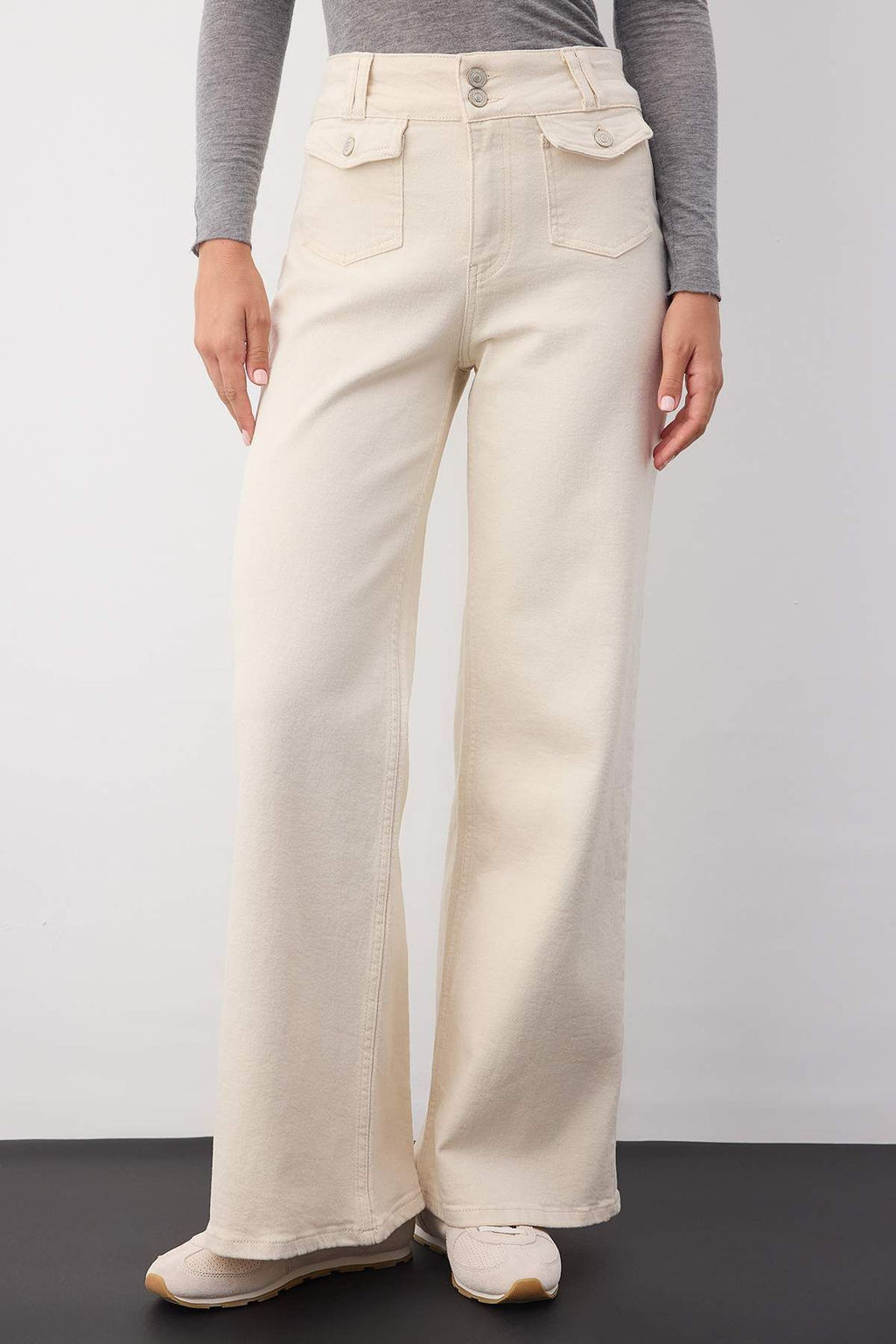 Wardrobe Essentials Ekru Yuksek Bel Cep Detayl? Comfort Esnek Wide Leg Palazzo Jeans TWOAW26JE00120
