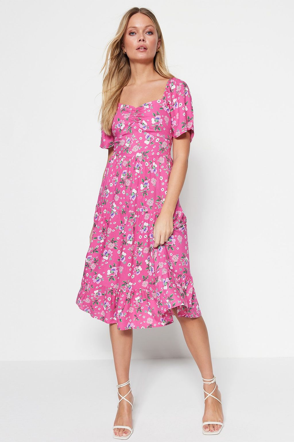 Pembe A Kesim Balon Kollu Cicek Desenli Midi Dokuma Elbise TWOSS20EL2323