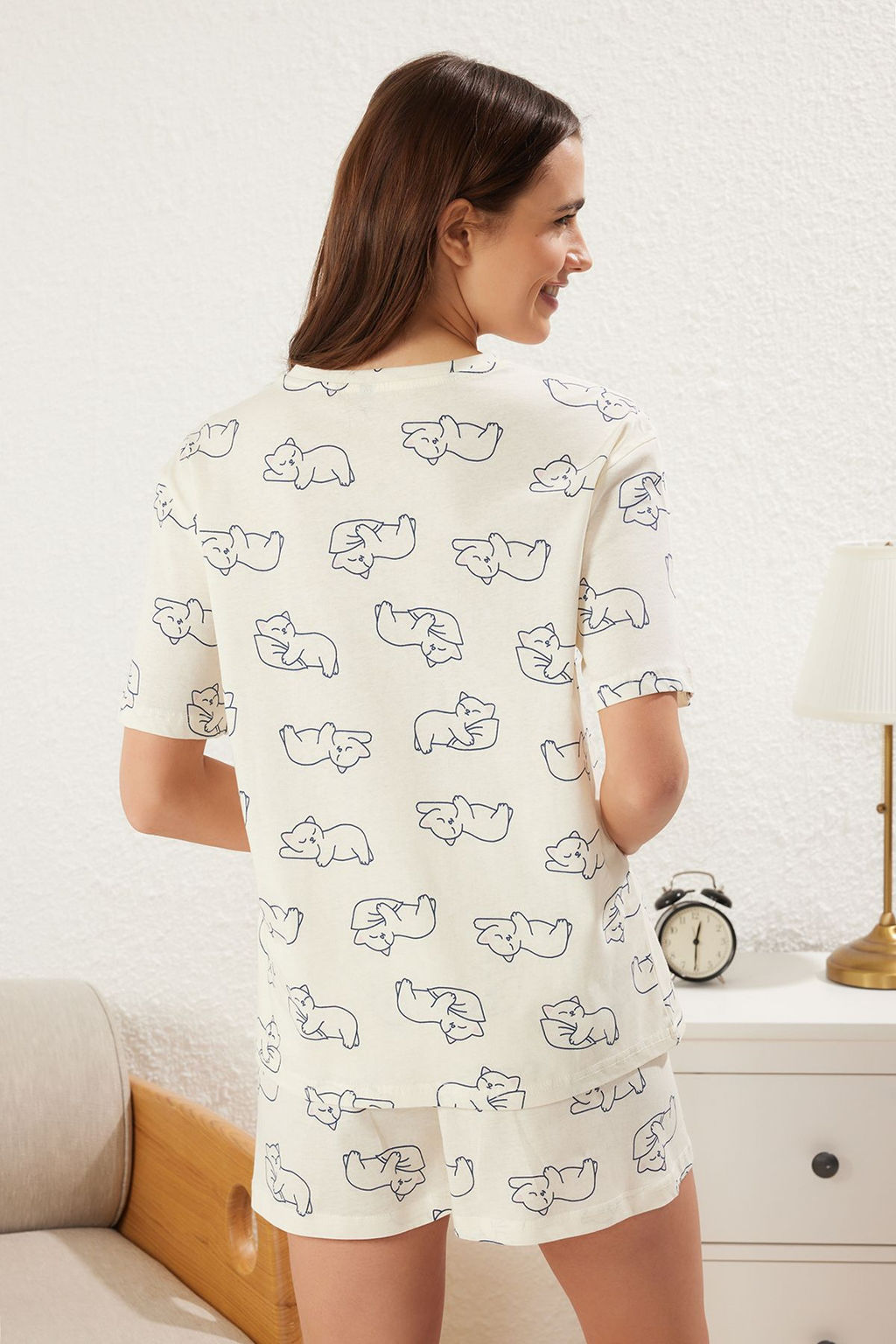 Trendyolmilla Mavi %100 Pamuklu Kedili Sortlu Orme Pijama Tak?m? THMSS25PT00249