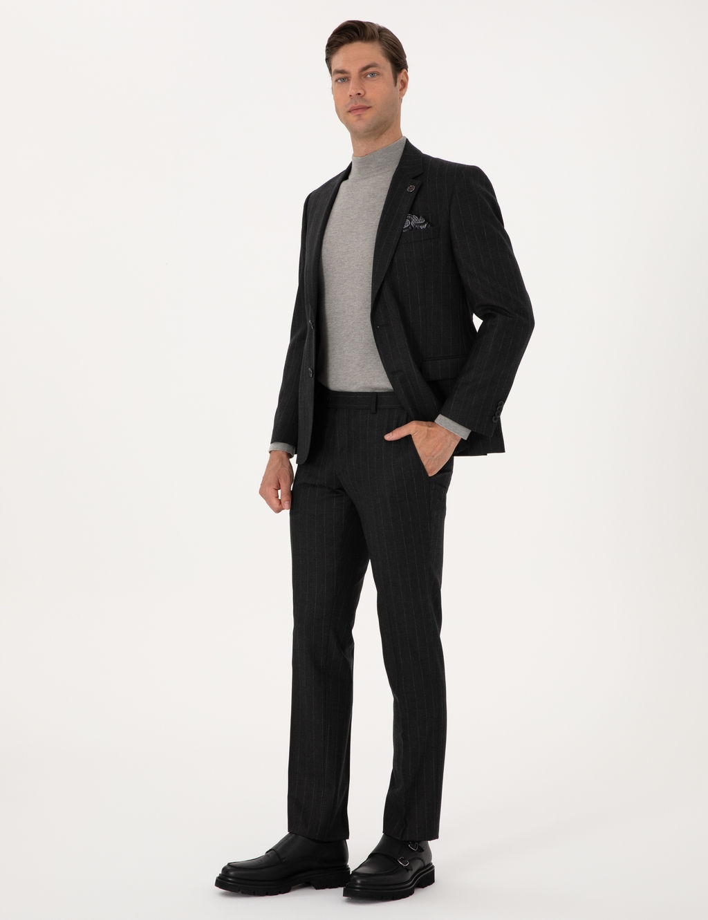 Antrasit Slim Fit %100 Y_n _izgili Tak_m Elbise