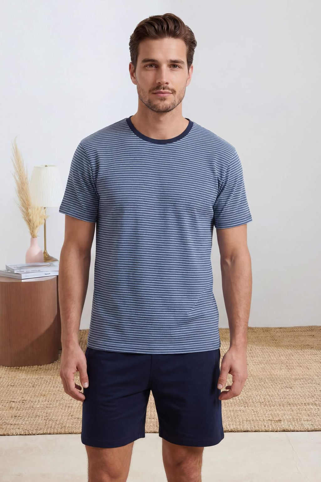 Lacivert Regular Fit Cizgili Pamuklu Pijama Tak?m? TMNSS26PT00015