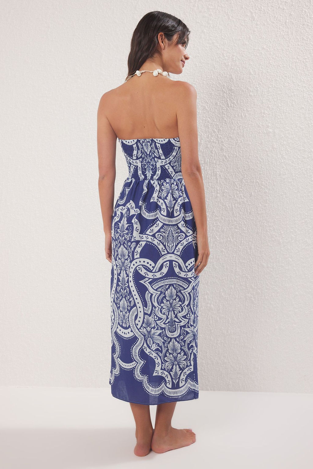 Trendyolmilla Cini Desenli Straplez Maxi Dokuma %100 Pamuk Plaj Elbisesi TBESS25EL00093 фото 10