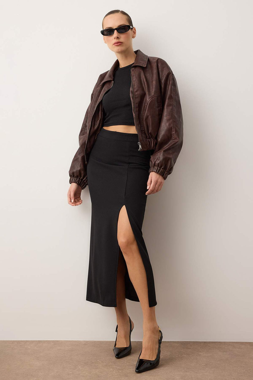 Siyah Smart Krep Y?rtmac Detayl? Maxi Yuksek Bel Esnek Orme Etek TWOSS23ET00351