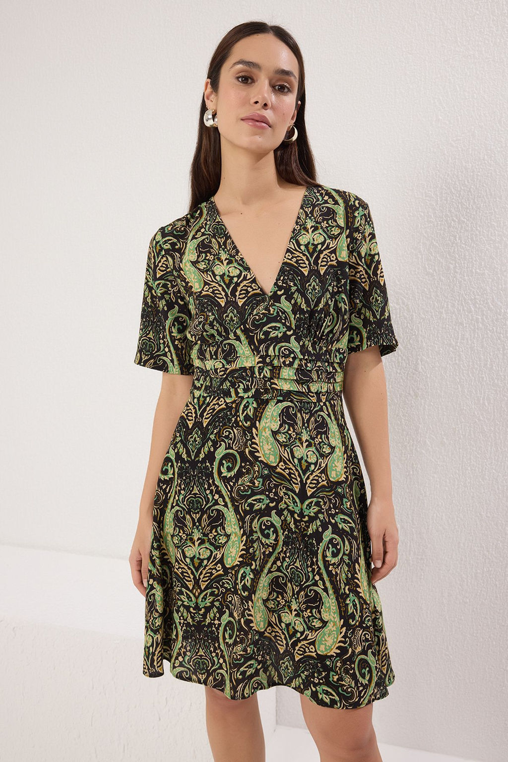 Yesil Sal Desen Etegi Belden Ac?lan K?sa / Mini Dokuma Elbise TWOSS25EL00251 - Trendyolmilla фото 2