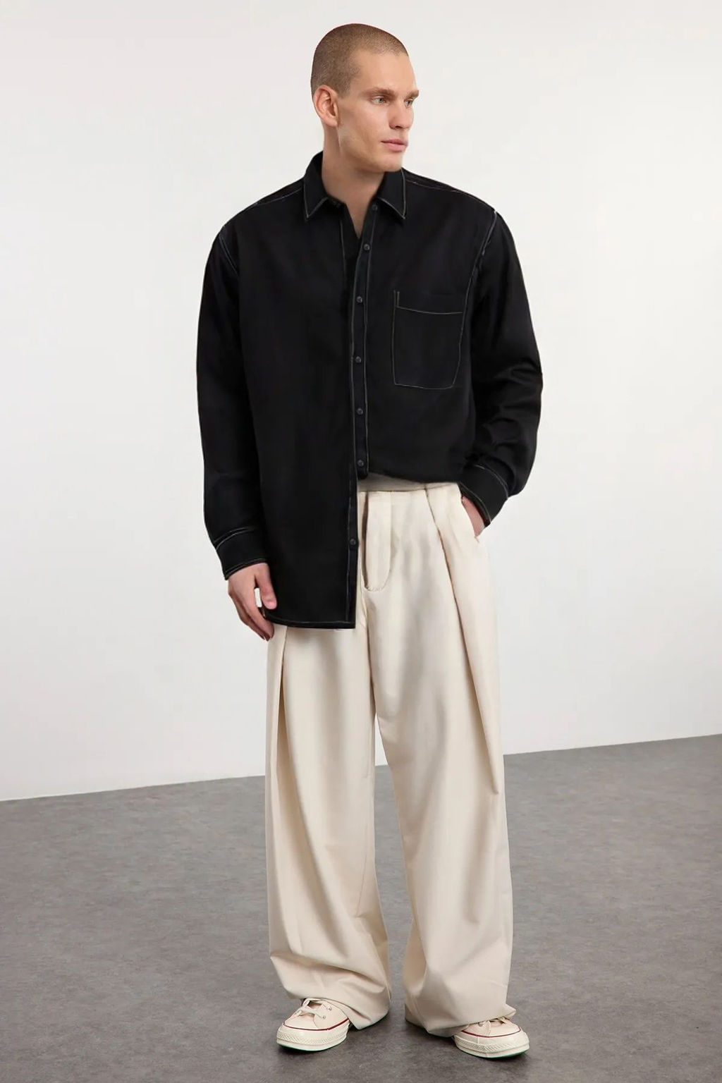 TRENDYOL MAN Siyah Regular Fit Kontrast Dikis Detayl? Gomlek TMNAW25GO00027