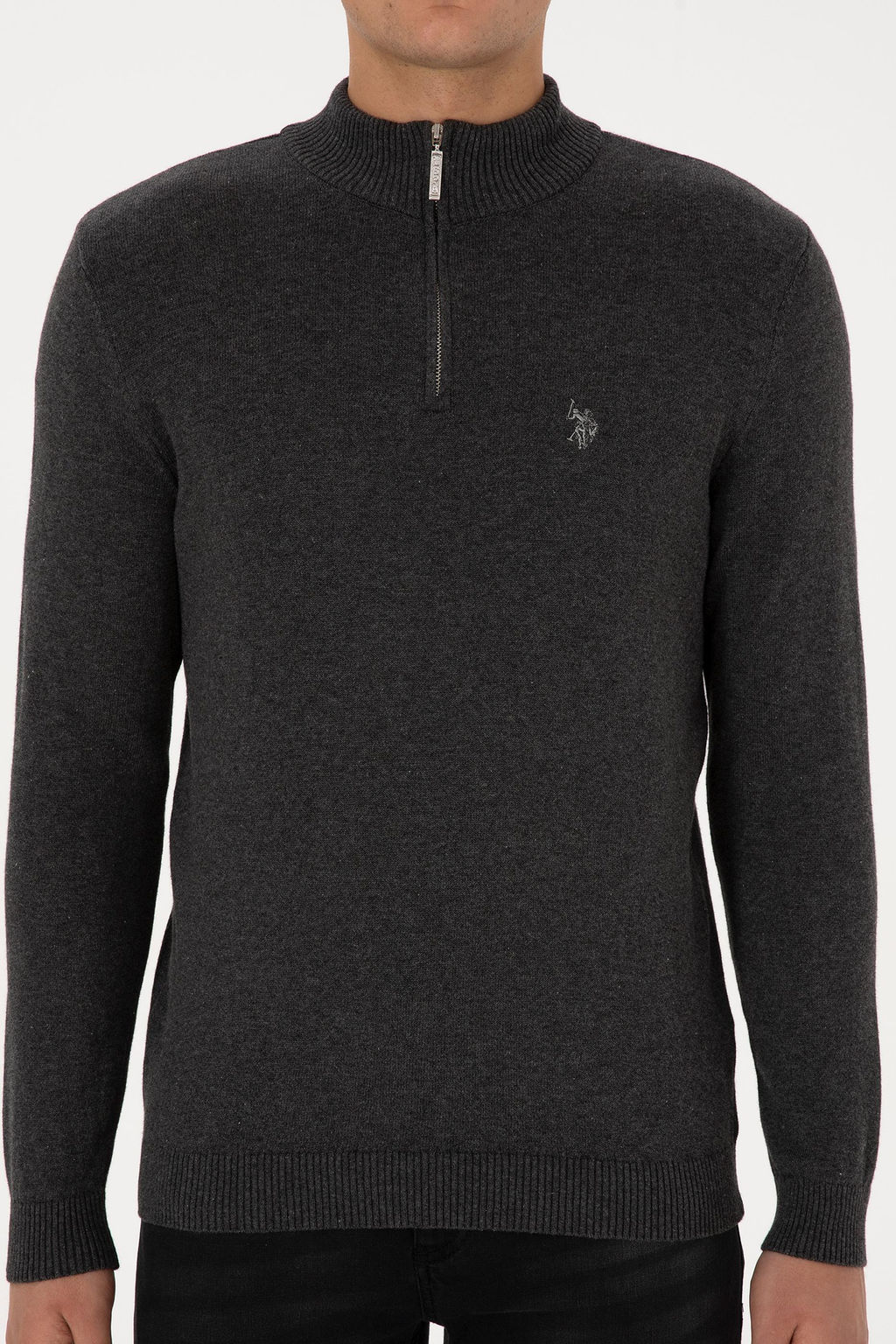 Erkek Slim Fit Yar_m Fermuarl_ Antrasit Melanj Basic Kazak - U.s. polo assn фото 6