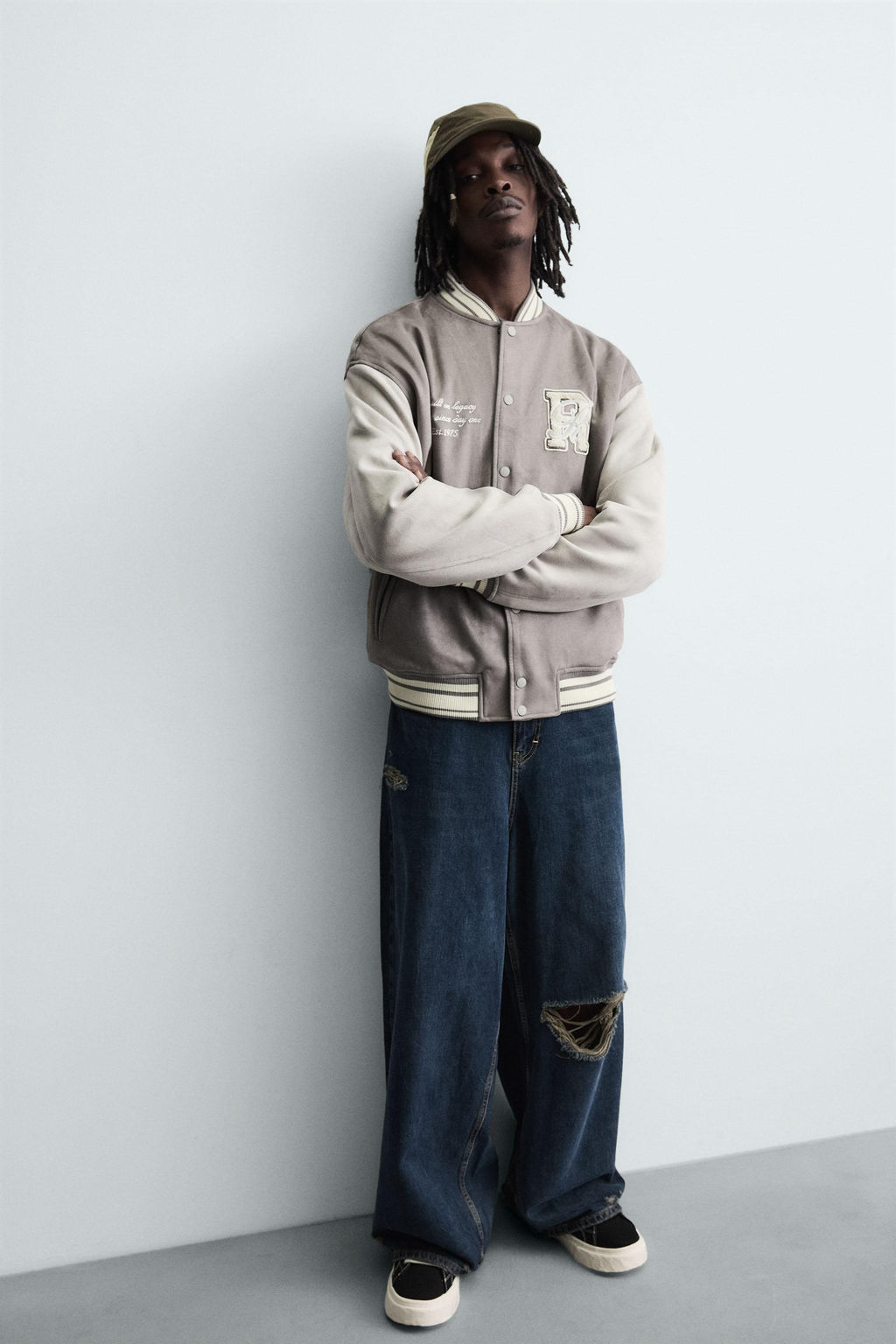 FAUX SUEDE BOMBER JACKET WITH PATCHES