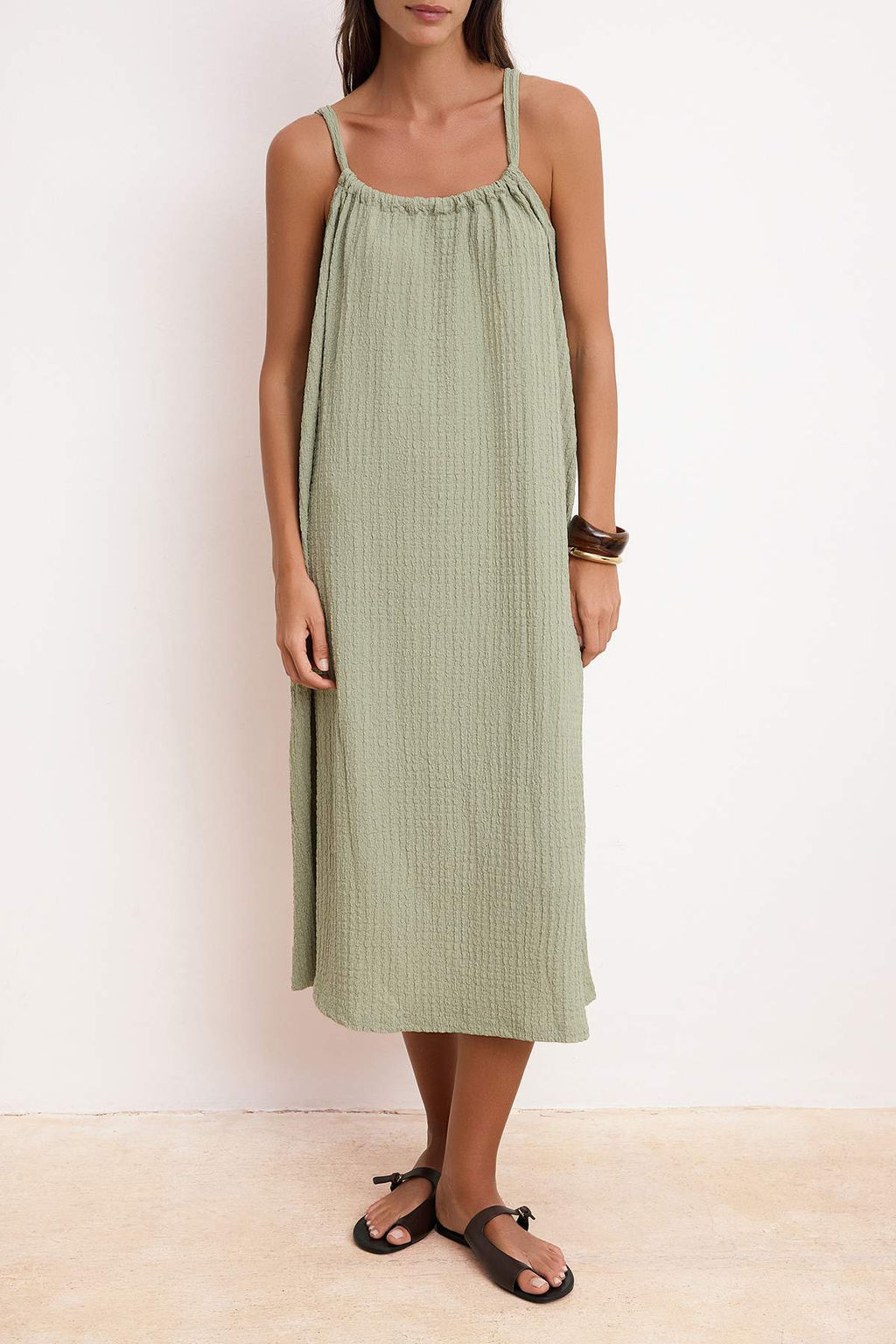 Haki Shift/Duz Havuz Yaka Kolsuz Midi Dokulu Orme Elbise TWOSS26EL00606 - Trendyolmilla фото 3