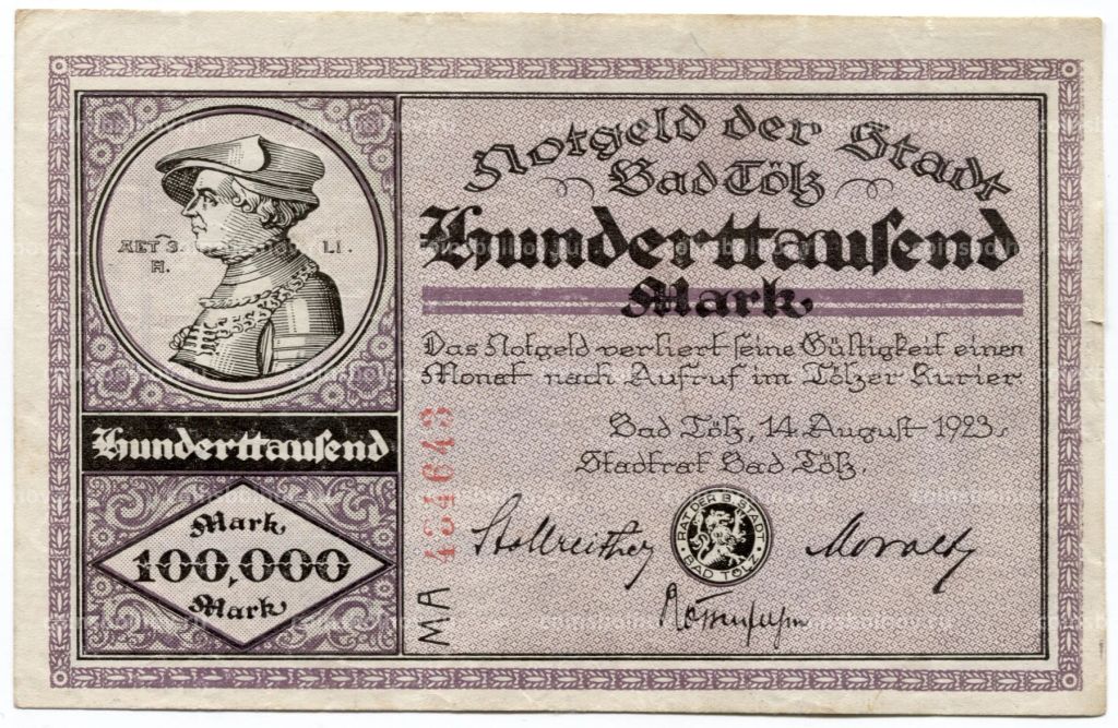 100000 марок 1923 года Германия Нотгельд (Бад-Тёльц)