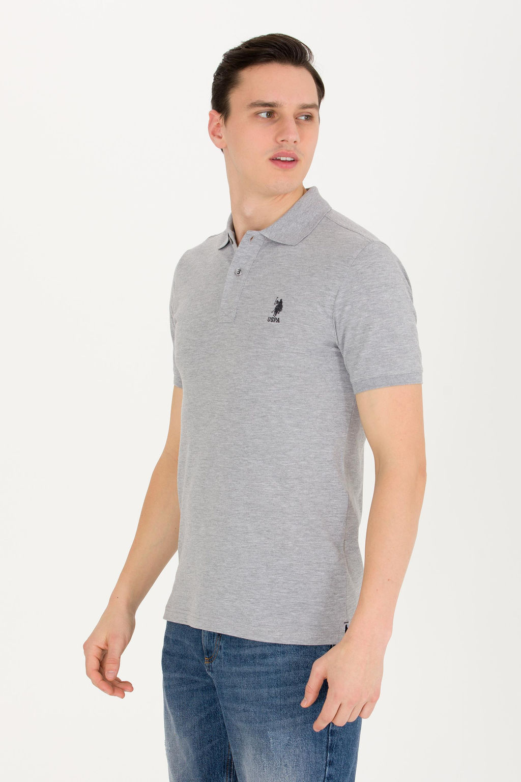 Мужская серая меланжевая базовая футболка с воротником поло - U.s. polo assn фото 3