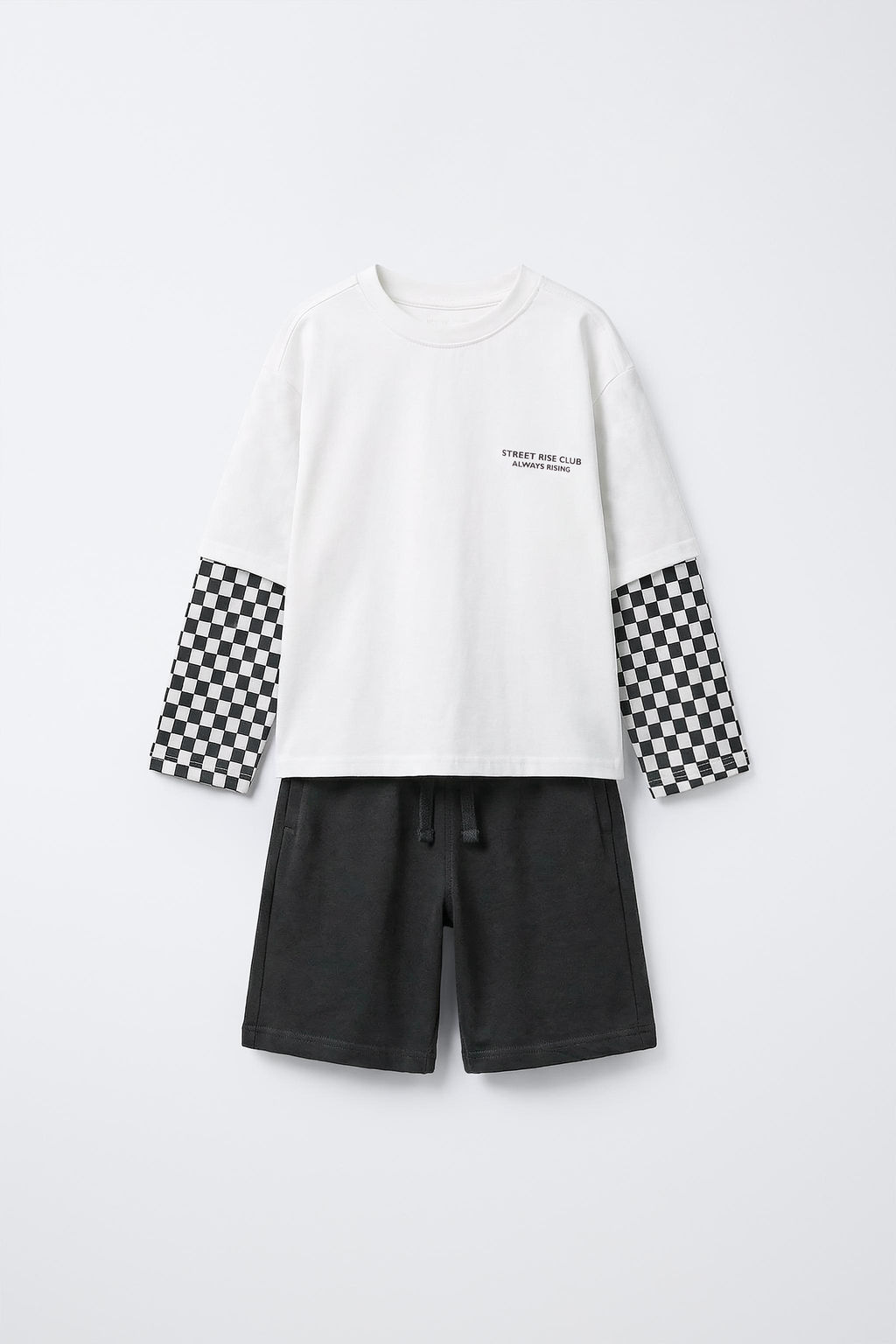DOUBLE SLEEVE T-SHIRT AND CHECKERBOARD BERMUDA SHORTS SET
