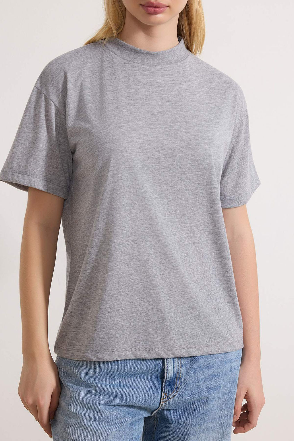 Lacivert-Gri Melanj 2li Paket %100 Pamuk Basic Dik Yaka Orme T-Shirt TWOSS20TS1500