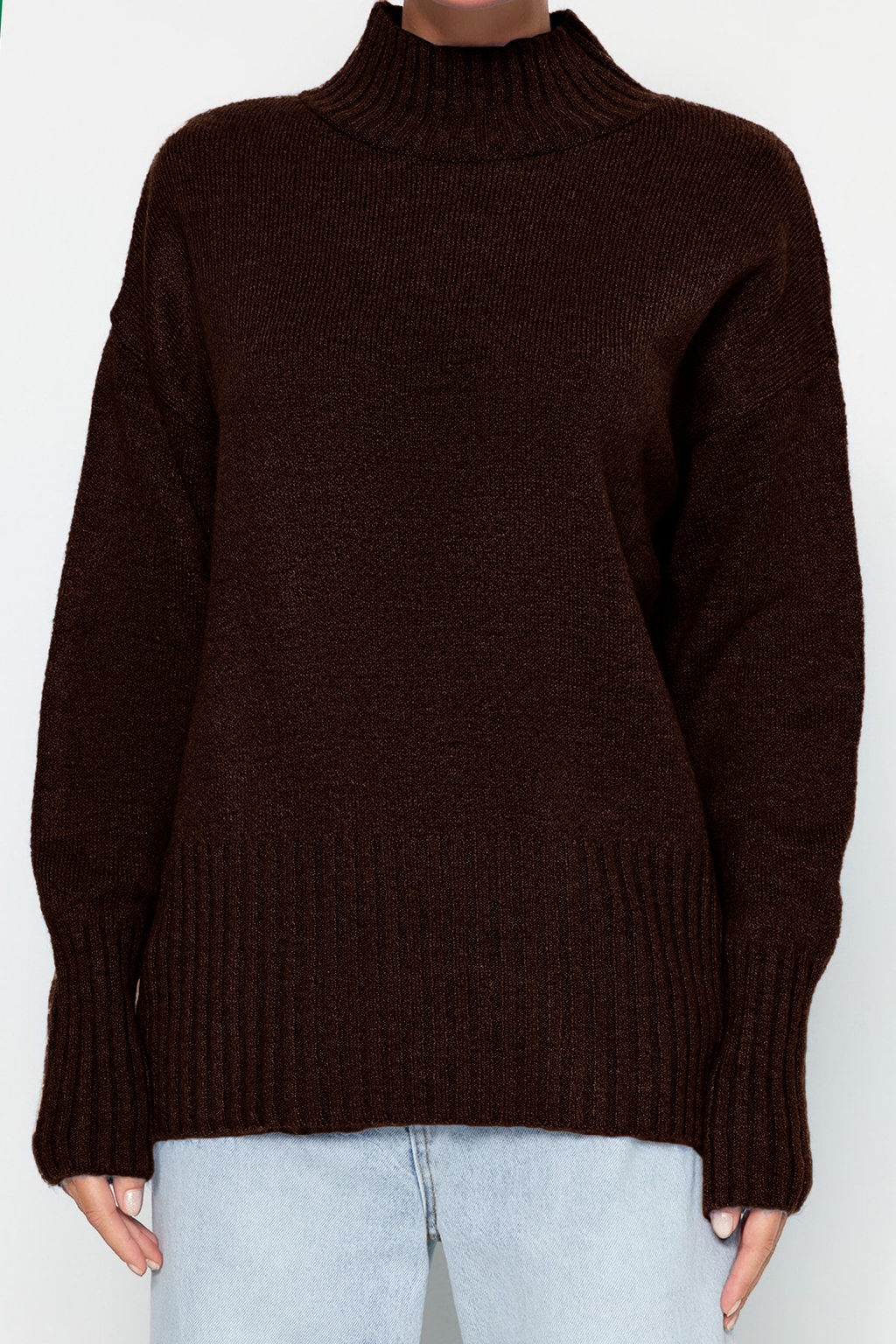 Kahverengi Genis Kal?p Yumusak Dokulu Basic Triko Kazak TWOAW23KZ00490