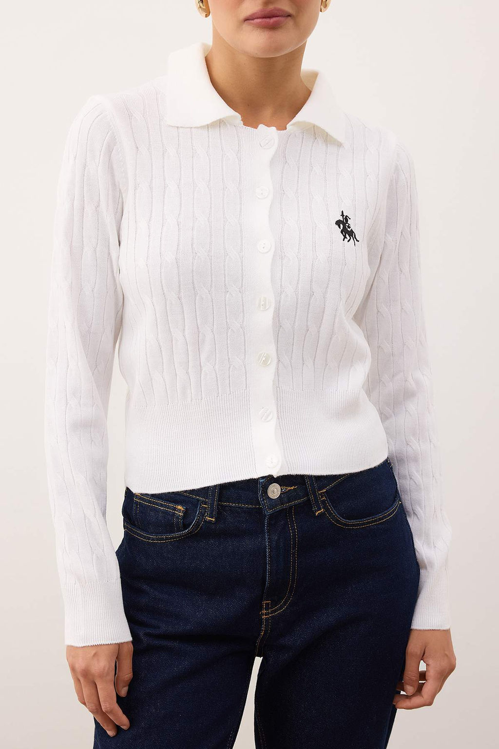 Beyaz At Nak?sl? Polo Yaka Sac Orgu Triko Kazak TWOAW26HI00290