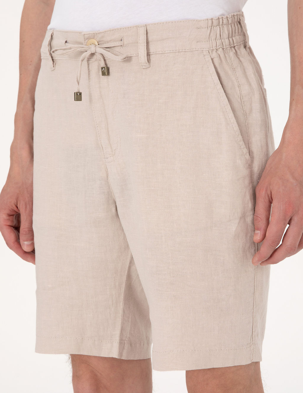 Bej Slim Fit %100 Keten Beli Lastikli Ba_c_kl_ Dokuma _ort