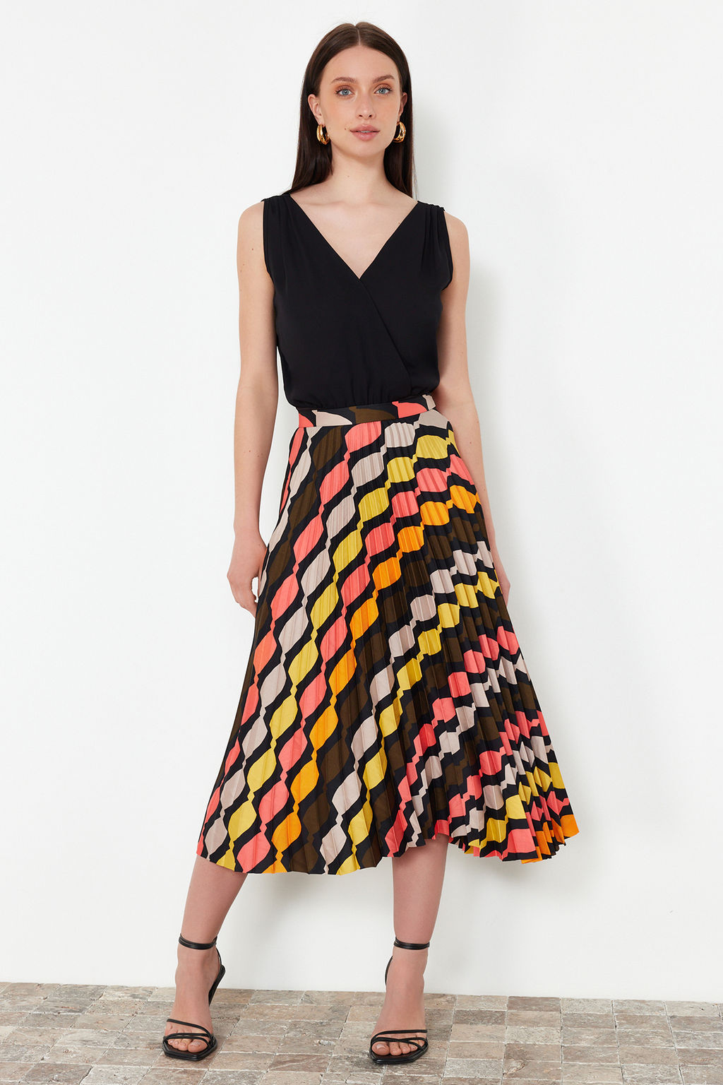 Cok Renkli Desenli Saten Kumas Pile Detayl? Midi Boy Dokuma Etek TWOSS24ET00245 - Trendyolmilla фото 3