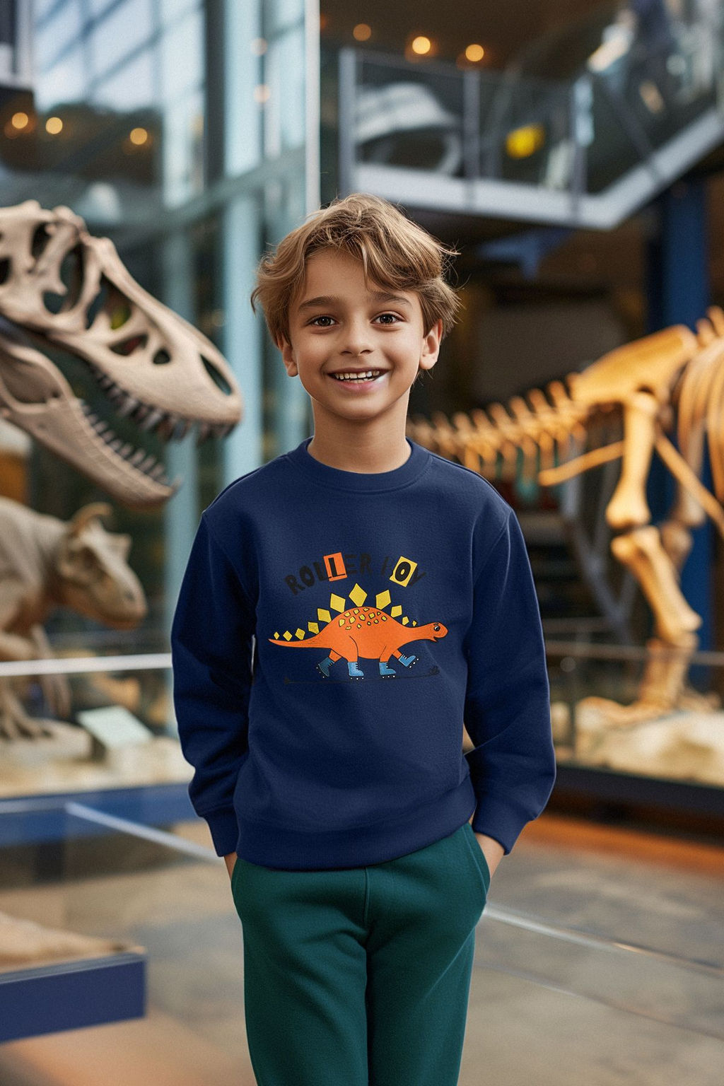 Indigo Erkek Cocuk Mevsimlik-Ince Dinozor Desenli Bisiklet Yaka Orme Sweatshirt TKDAW25SW00005