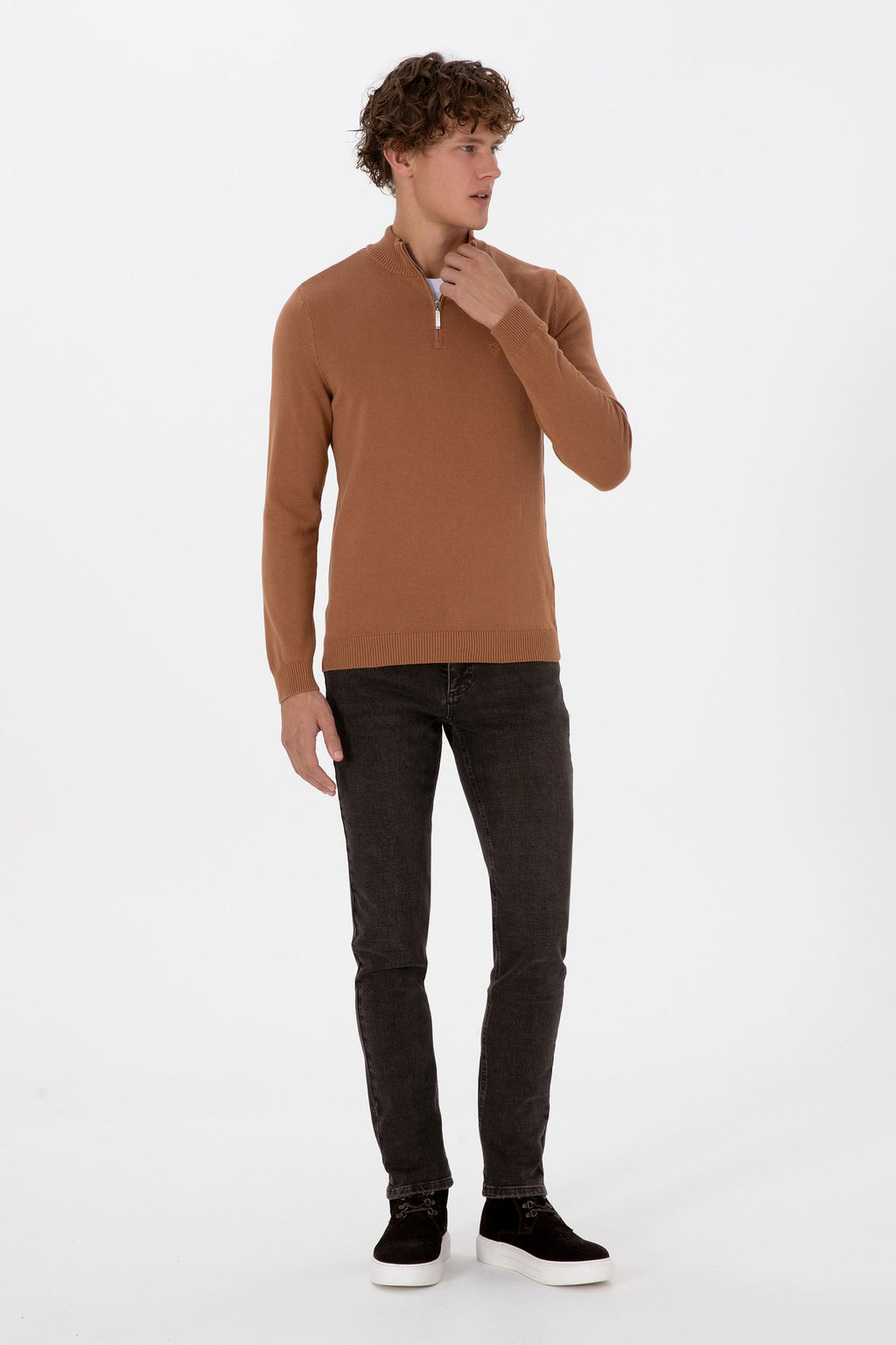 Erkek Slim Fit Yar_m Fermuarl_ Camel Basic Kazak - U.s. polo assn фото 4