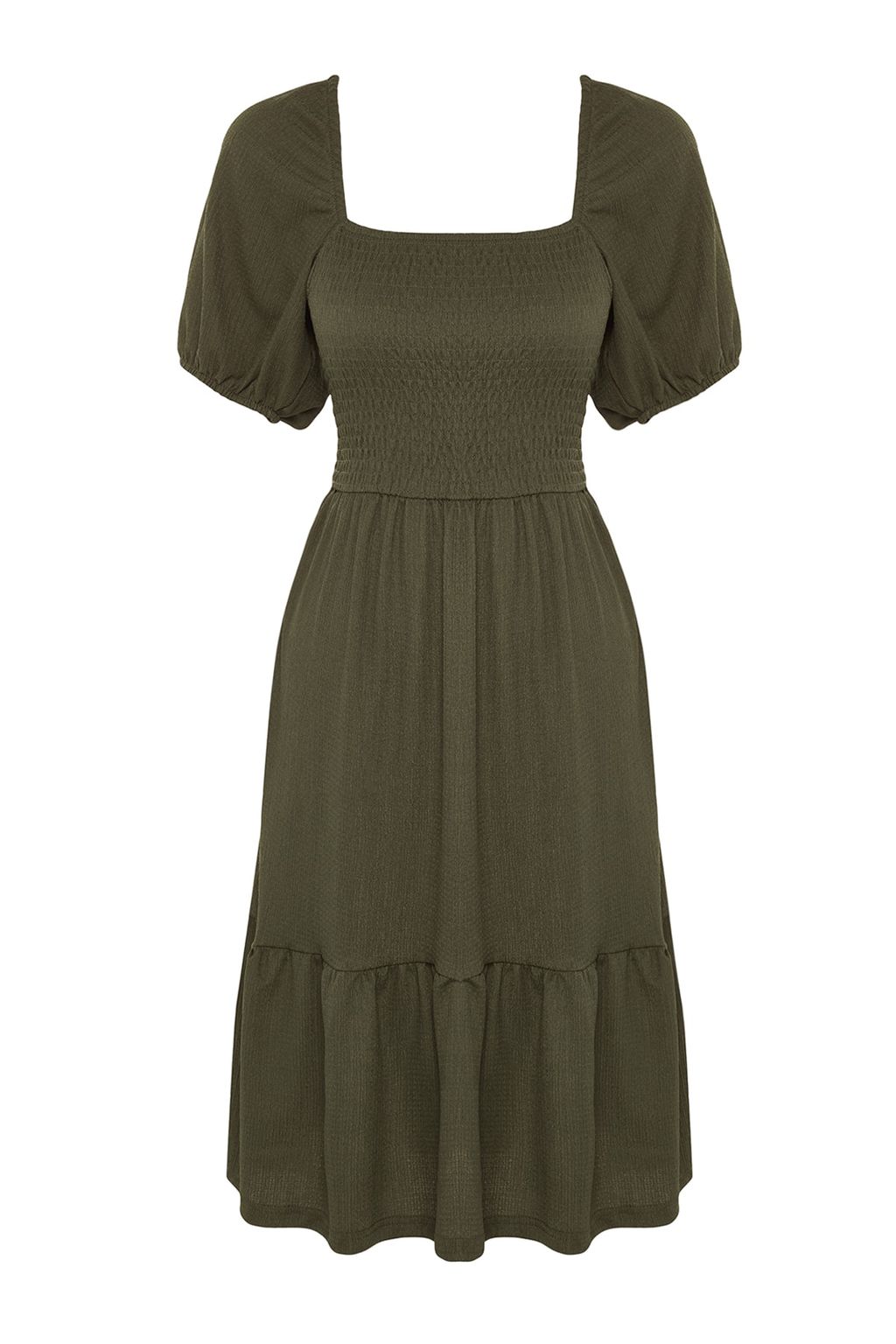 Haki Gipeli Belden Ac?lan/Skater Kare Yaka Balon Kol Midi Burumcuk Orme Elbise TWOSS22EL1088