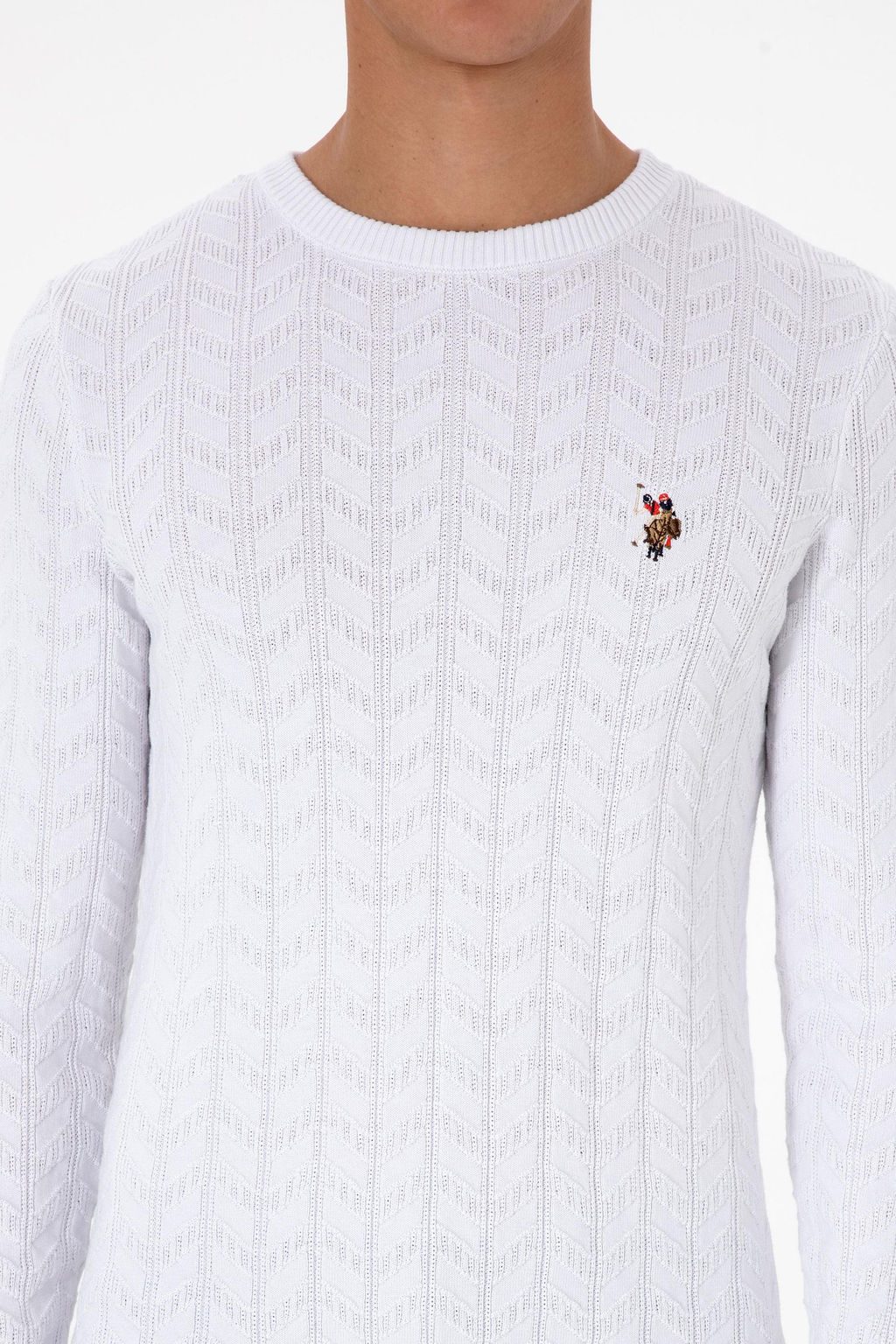 Erkek Slim Fit Bisiklet Yaka Desenli Beyaz Kazak