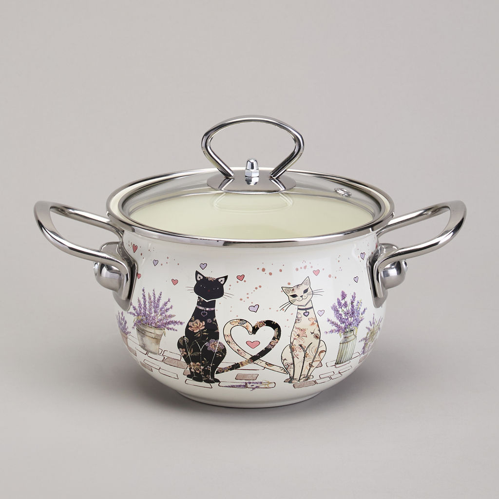 КАСТРЮЛЯ AGNESS ЭМАЛИРОВАННАЯ СО СТЕКЛЯННОЙ КРЫШКОЙ СЕРИЯ LAVANDER CATS, 1,5 Л ДИА. 16СМ