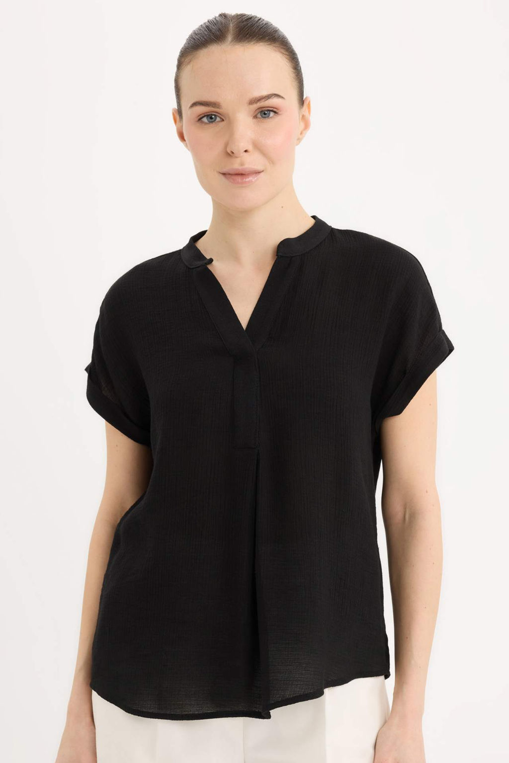 Regular Fit Apas Yaka Basic Duz K?sa Kollu Bluz - Defacto фото 4