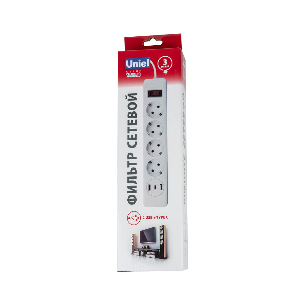 S-GSR4-3 U2C1 WHITE/GREY Сетевой фильтр серии Standard, шнур 3м (Пвс 3х0,75), 4 гнезда, с/з, 2USB+1TYPE C, 10A, 2500Вт. Белый/серый. TM Uniel