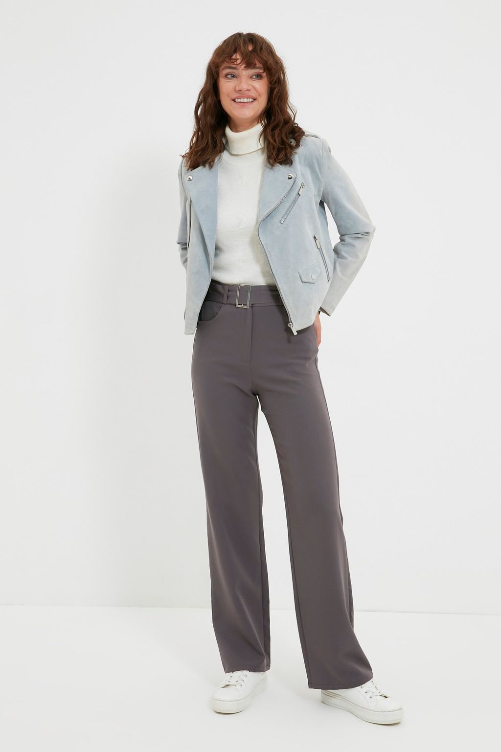 TRENDYOLMILLA Antrasit Kemerli Straight/Duz Kesim Dokuma Kumas Pantolon TWOSS21PL0104 фото 3