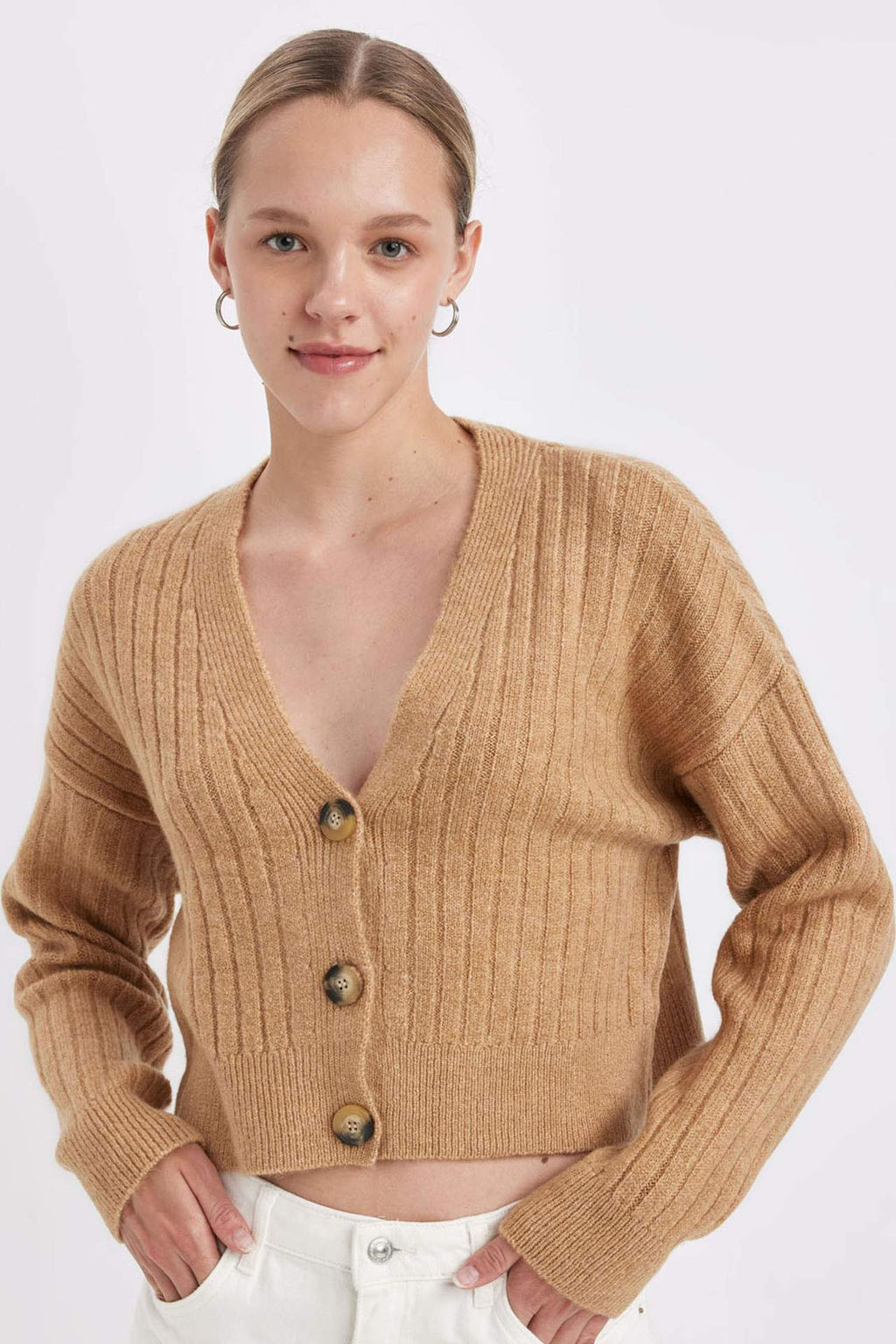 Regular Fit V Yaka Basic Duz Dugmeli Triko H?rka - Defacto фото 2