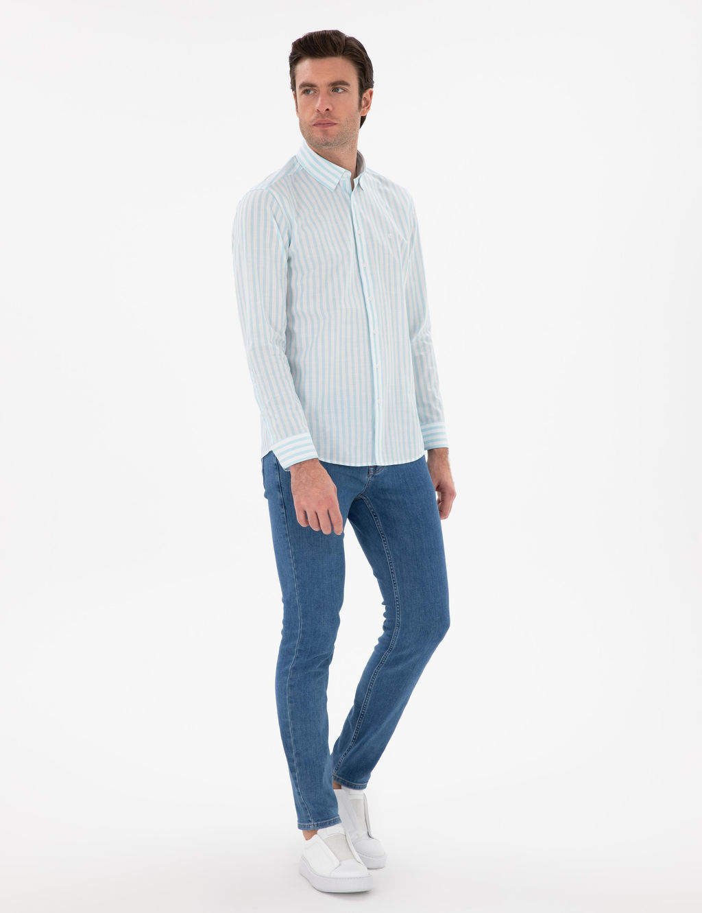 Turkuaz Regular Fit _izgili Alttan Biritli Yakal_ G_mlek
