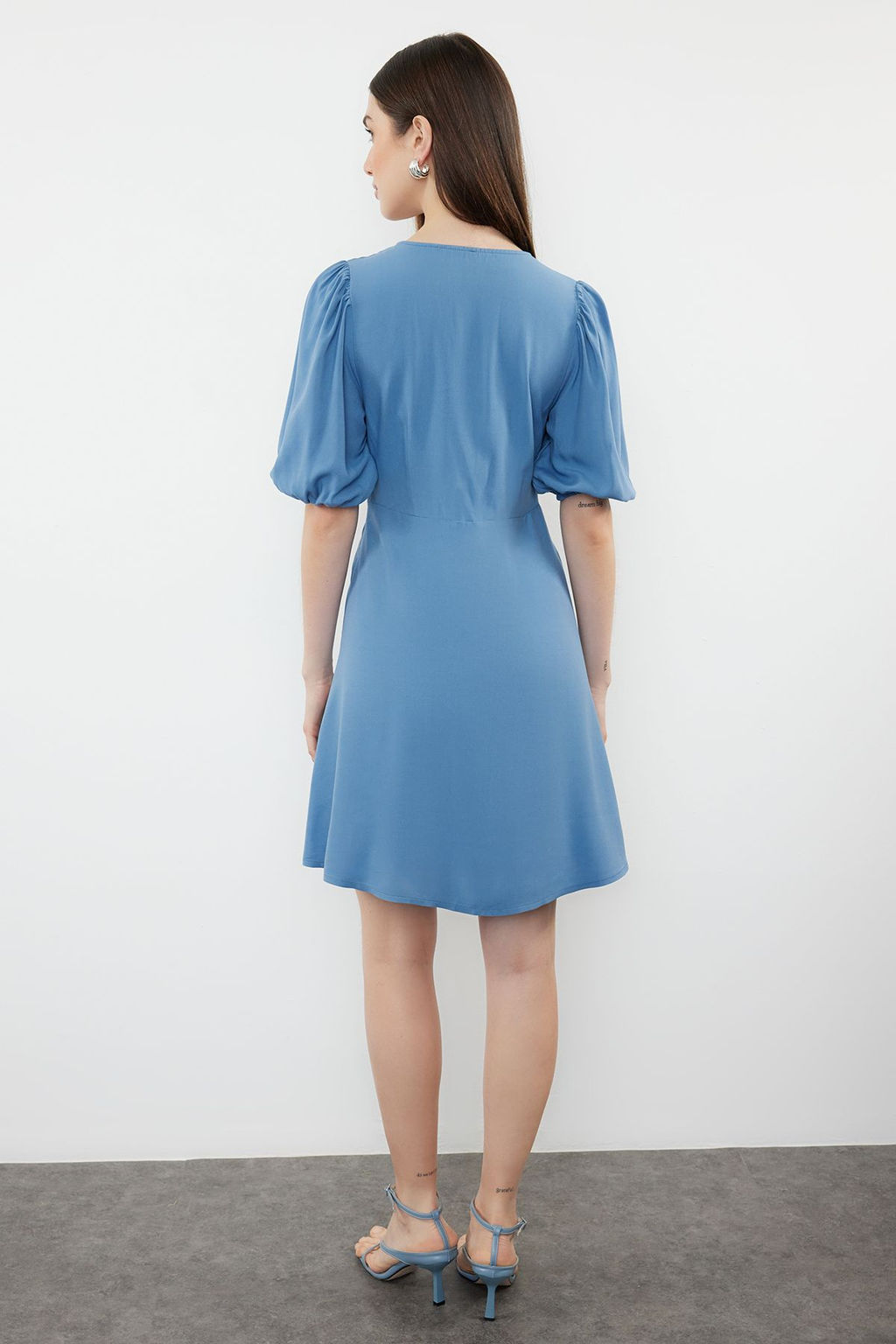 Indigo Etegi Volanl? Balon Kollu Mini Dokuma Elbise TWOSS24EL00062