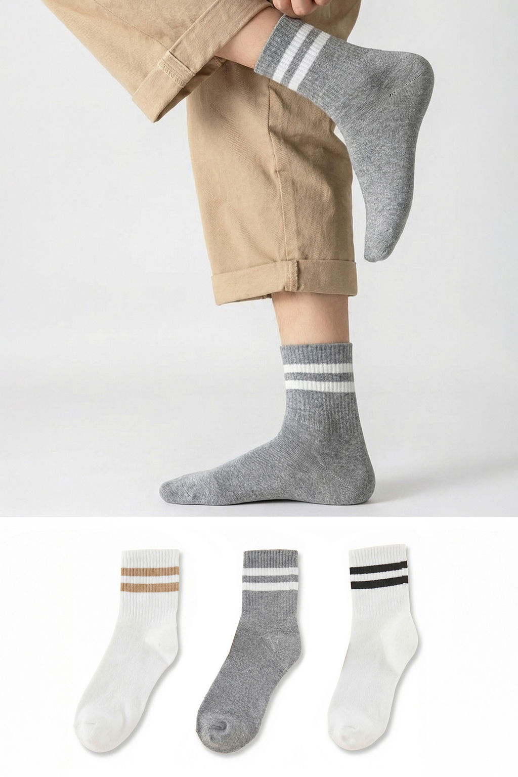 Beyaz-Gri 3lu Cizgili Soket Boy Orme Corap THMSS25CO00008 - Trendyolmilla фото 3