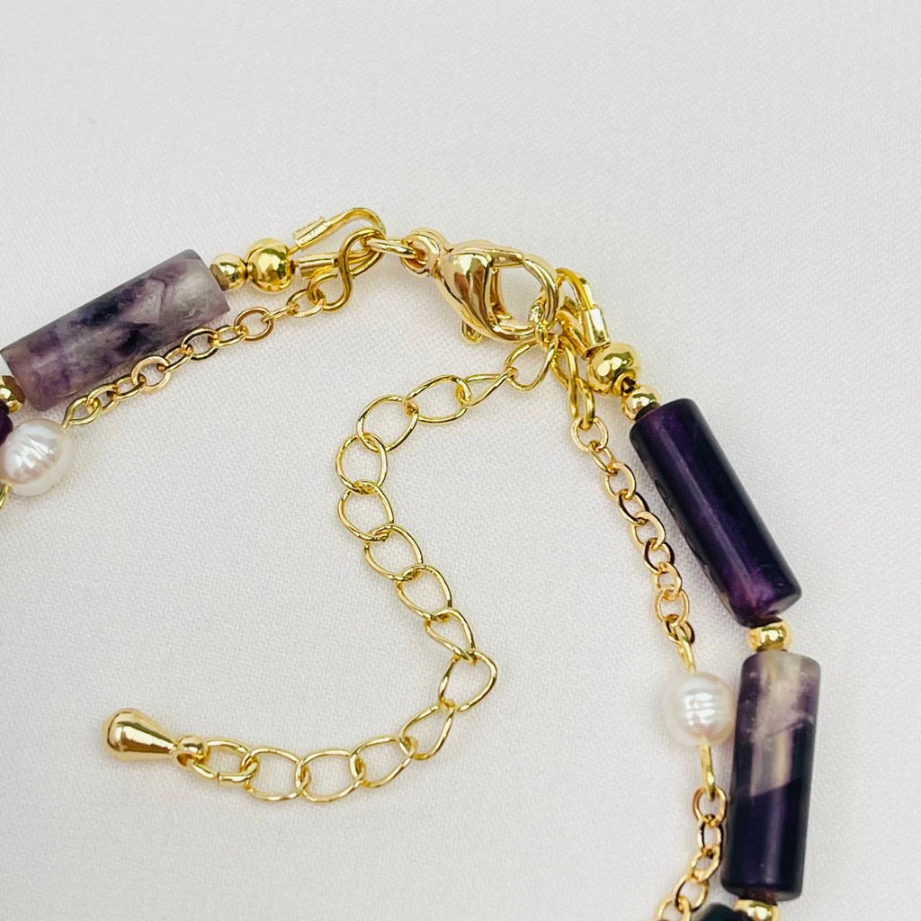 Браслет двойной из Флюорита и Жемчуга с цепочкой 16 см +