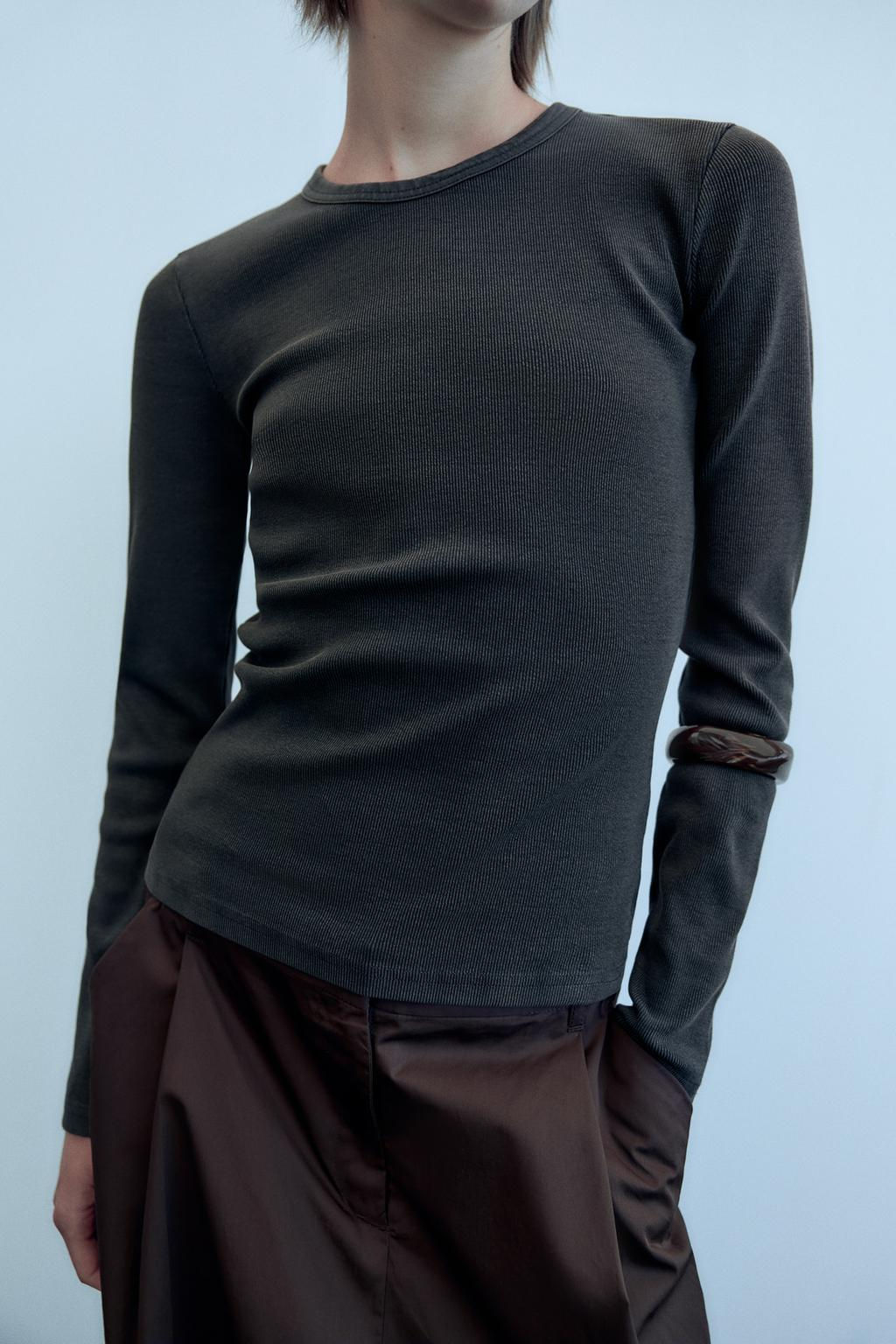 LONG SLEEVE WASHED EFFECT RIBBED T-SHIRT - Zara фото 14