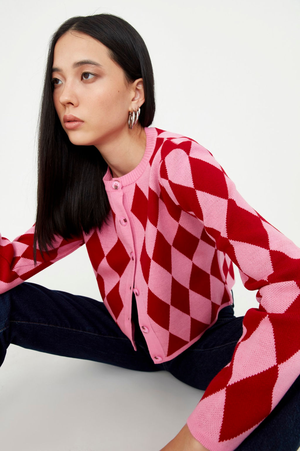 Pembe Crop Desenli/Jakarl? Ceket Gorunumlu Triko H?rka TWOAW23HI00176