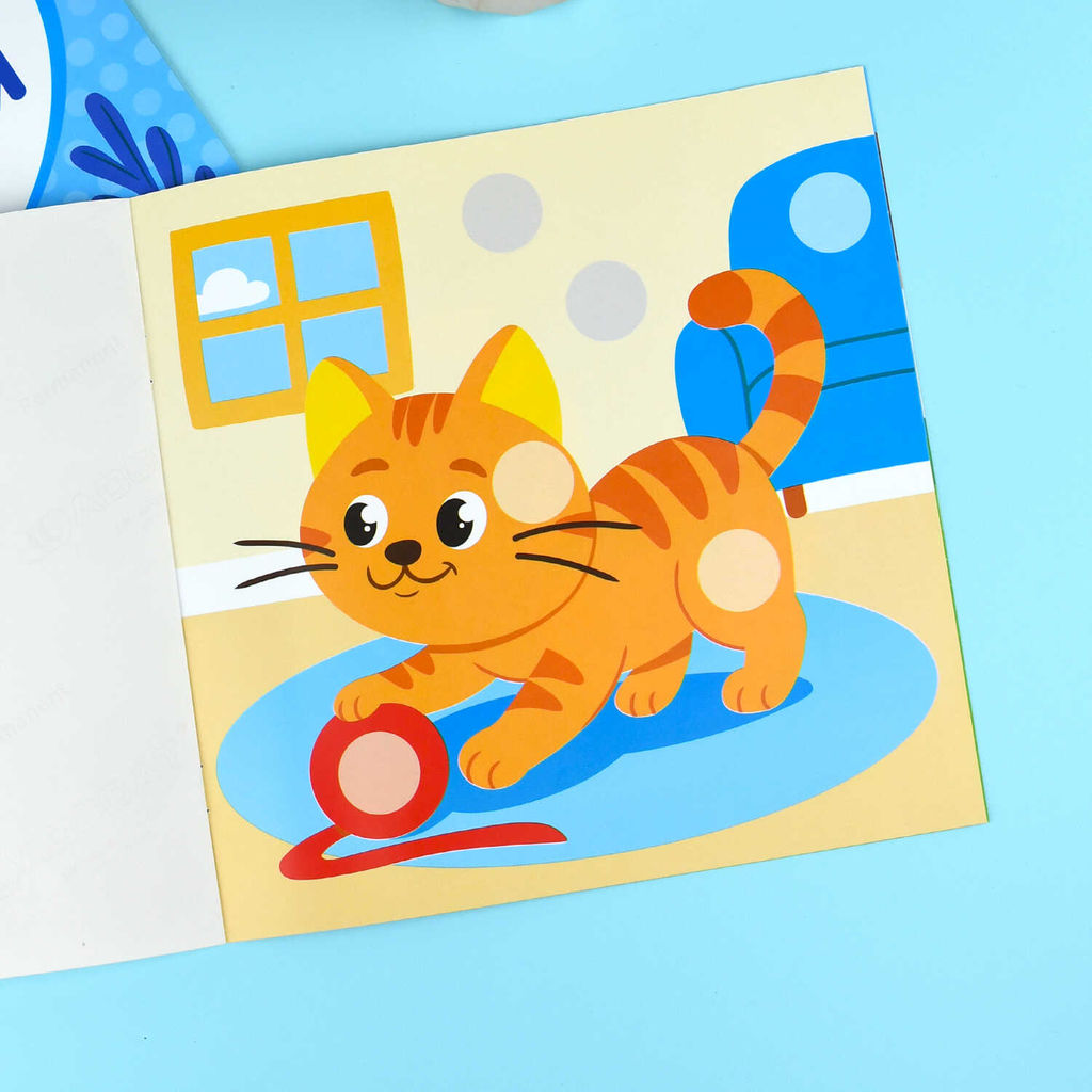 Книжка-картинка с наклейками для детей. Серия "Цветные кружочки" арт. 72690 ДОМАШНИЕ ЖИВОТНЫЕ /215х215 мм, 4 л., блок - бумага мелованная 150 г/м?, полноцветная печать, обл - мелованная бумага 150 г/м?, мягкий переплёт (2 скобы),