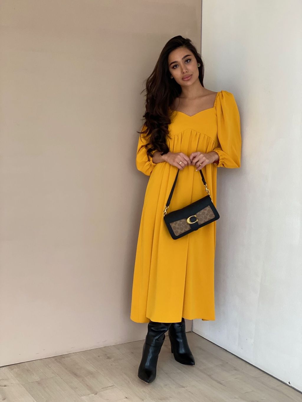 Платье-миди с пышными рукавами в цвете манго - Martichelli фото 33