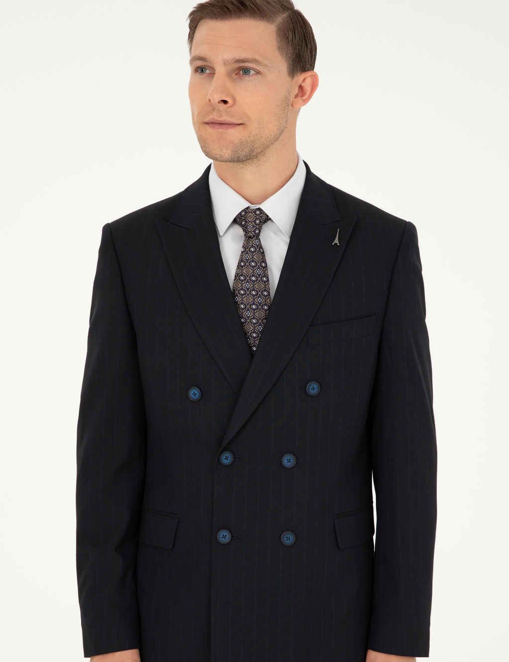 Темно-синий двубортный костюм приталенного кроя в полоску - Cacharel фото 4