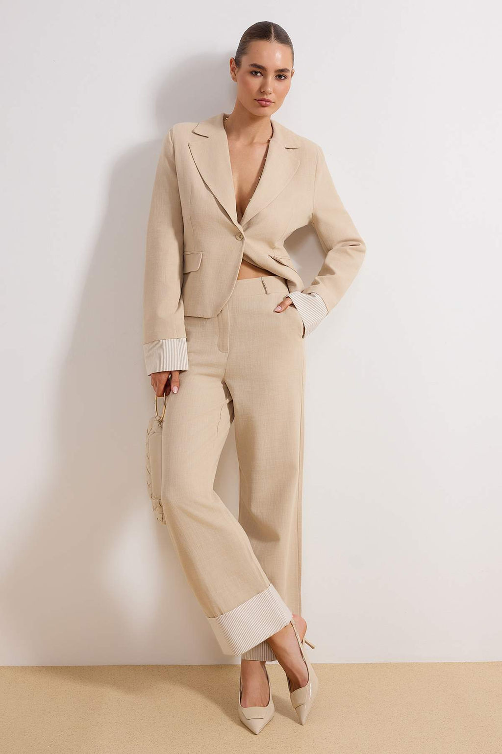 Bej Keten G_r_n_ml_ Pa_a Detayl_ Wide Leg/Geni_ Pa_a Pantolon TWOSS26PL00023